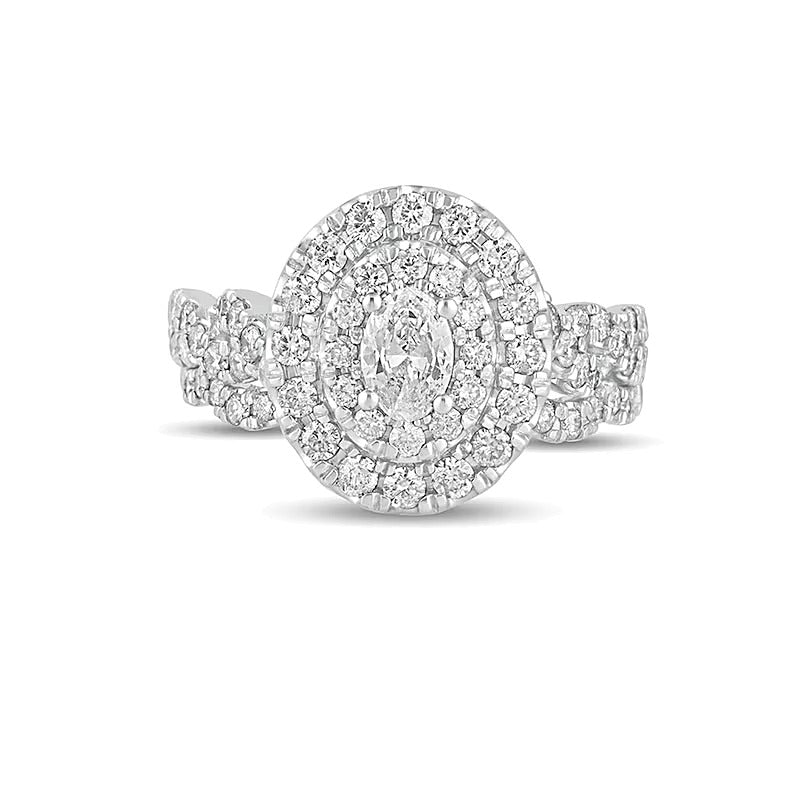 1.5 CT. Gesamtgewicht Braut-Set mit ovalem Diamant, doppeltem Halo und mehrreihigem Design in 10K Weißgold