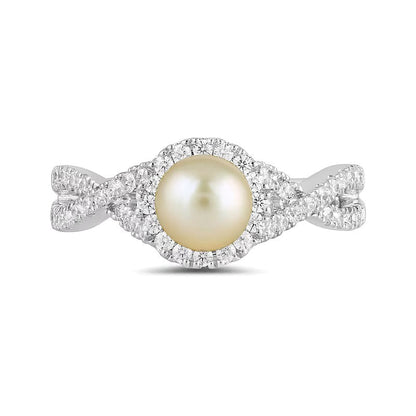 6,0 mm rosa Süßwasser-Zuchtperle und 0,5 ct. Gesamtgewicht Labordiamant Ring mit Crossover-Schiene und Halo-Fassung in 14K Weißgold