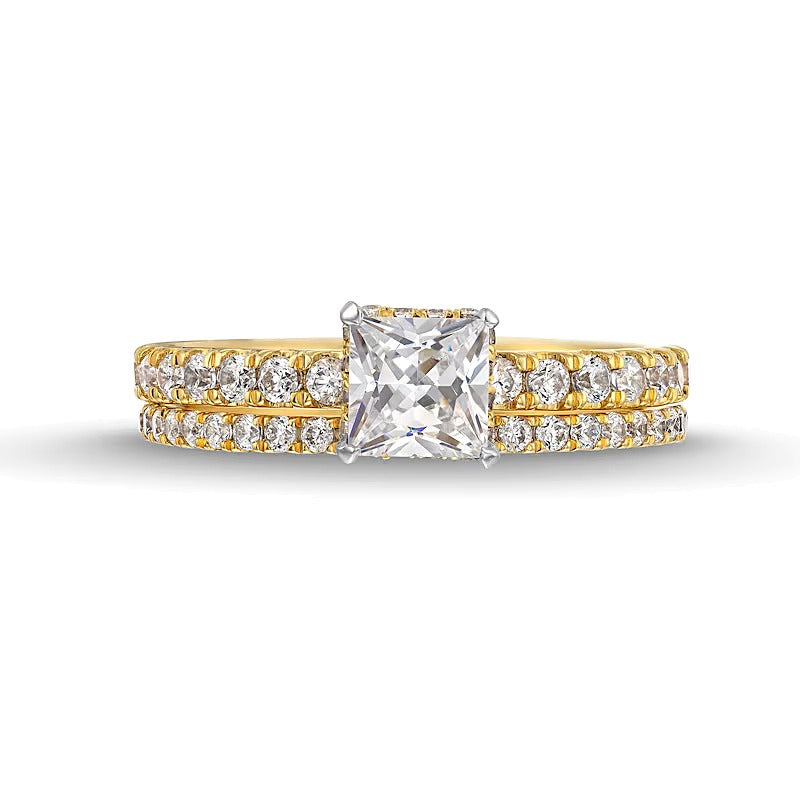 Braut-Set mit Princess- und rund geschliffenen Labordiamanten 1,75 ct. Gesamtgewicht in 14K Gelbgold (F/SI2)