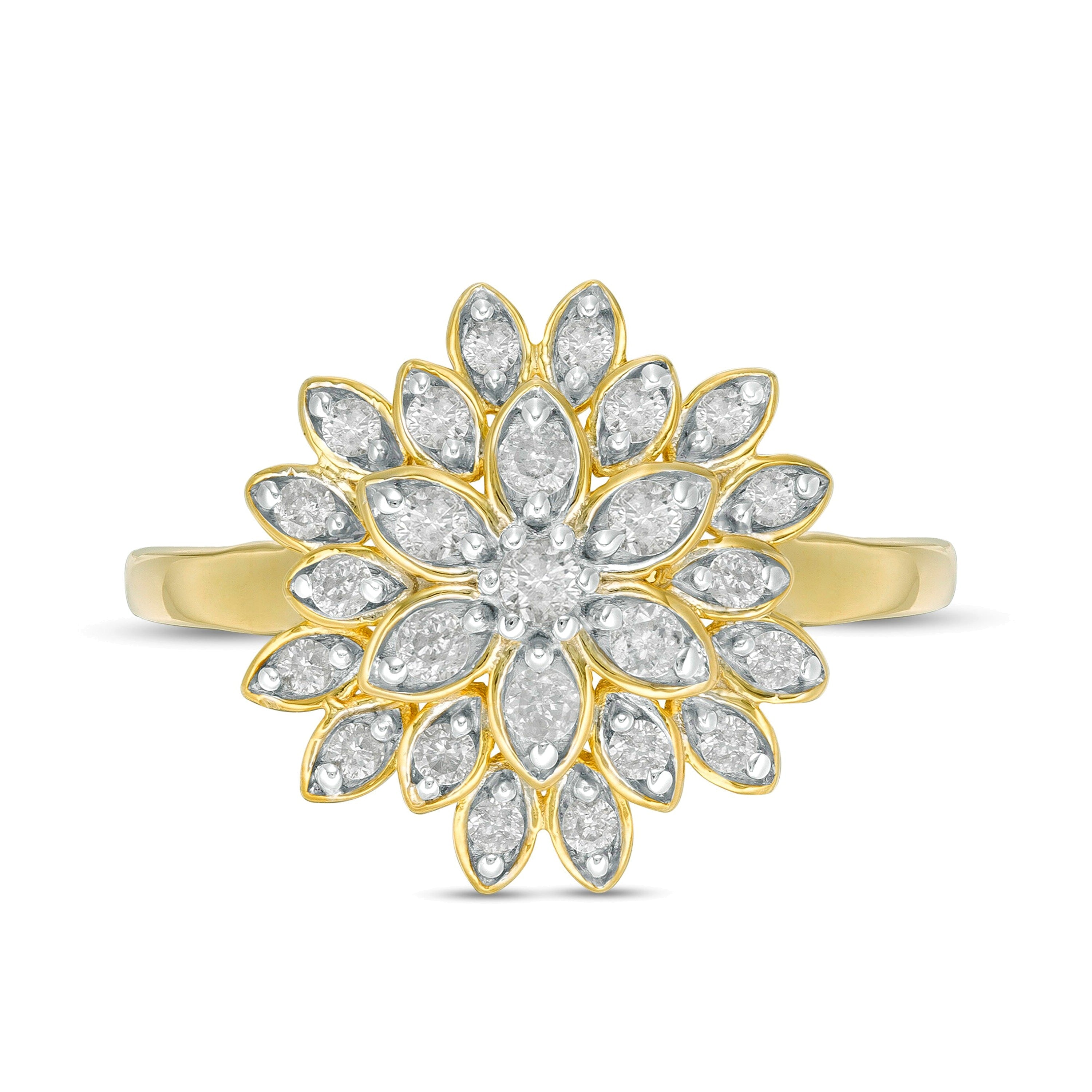 0.38 ct. Gesamtgewicht Diamant Blüten-Ring mehrreihig in 10K Gelbgold