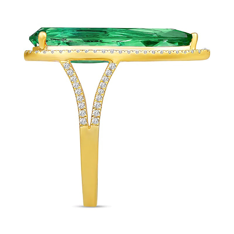 Fashion-Ring mit tropfenförmigem Labor-Smaragd und weißem Labor-Saphir in 14K Weißgold