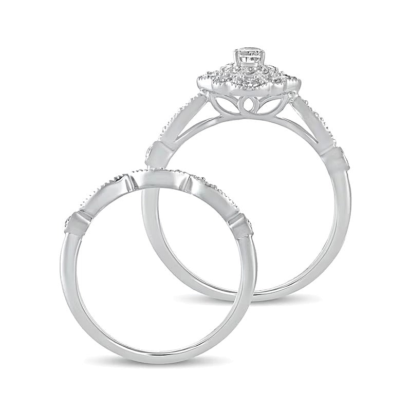 0,63 ct. Gesamtgewicht Diamant-Brautset mit ovalem Mittelstein und Vintage-Doppelblüten-Fassung in 10K Weißgold