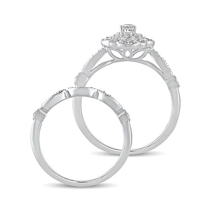0,63 ct. Gesamtgewicht Diamant-Brautset mit ovalem Mittelstein und Vintage-Doppelblüten-Fassung in 10K Weißgold