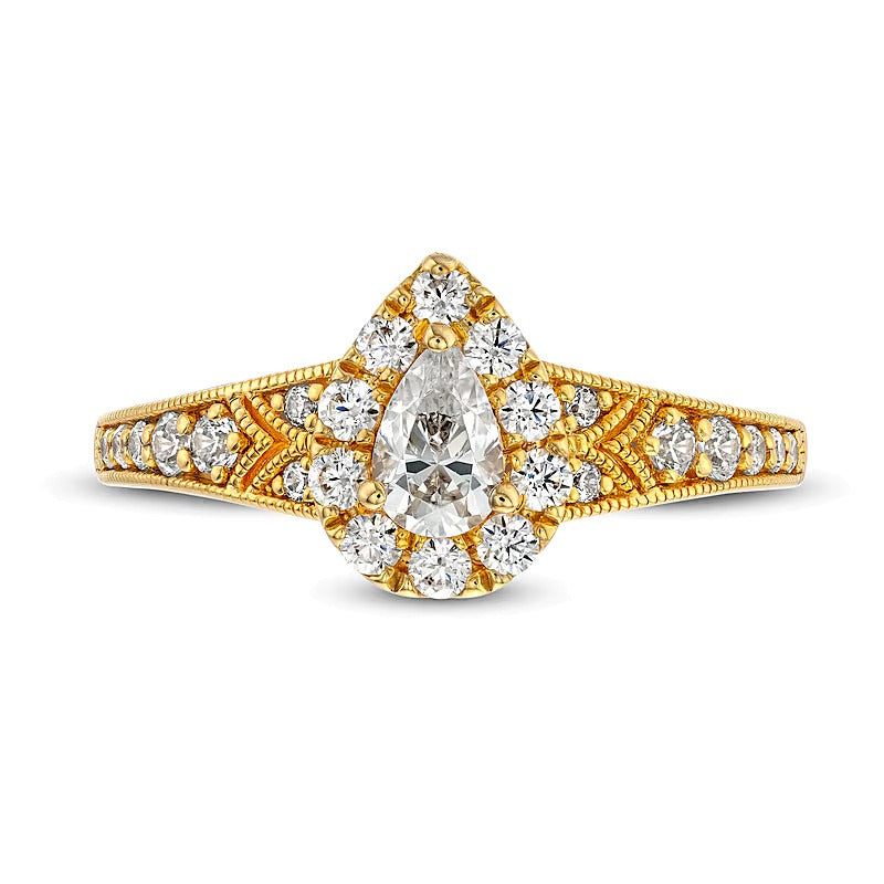 0.75 ct. Gesamtgewicht Verlobungsring im Vintage-Stil mit tropfenförmigem Diamant und Halo aus 14K Gelbgold