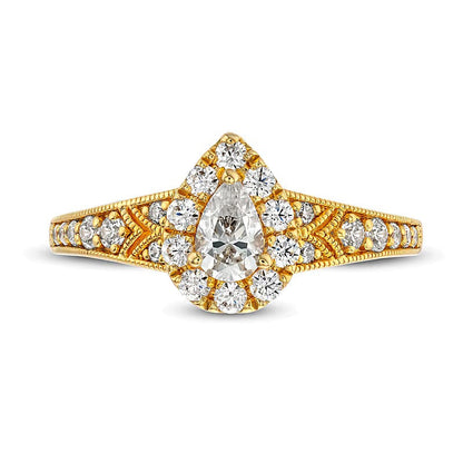 0.75 ct. Gesamtgewicht Verlobungsring im Vintage-Stil mit tropfenförmigem Diamant und Halo aus 14K Gelbgold