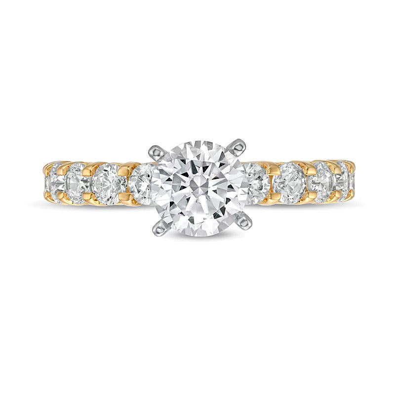 Solitär-Verlobungsring mit seitlichem Besatz mit 2.0 ct. Gesamtgewicht weißen runden Diamanten in 14K Gelbgold (I/I2)