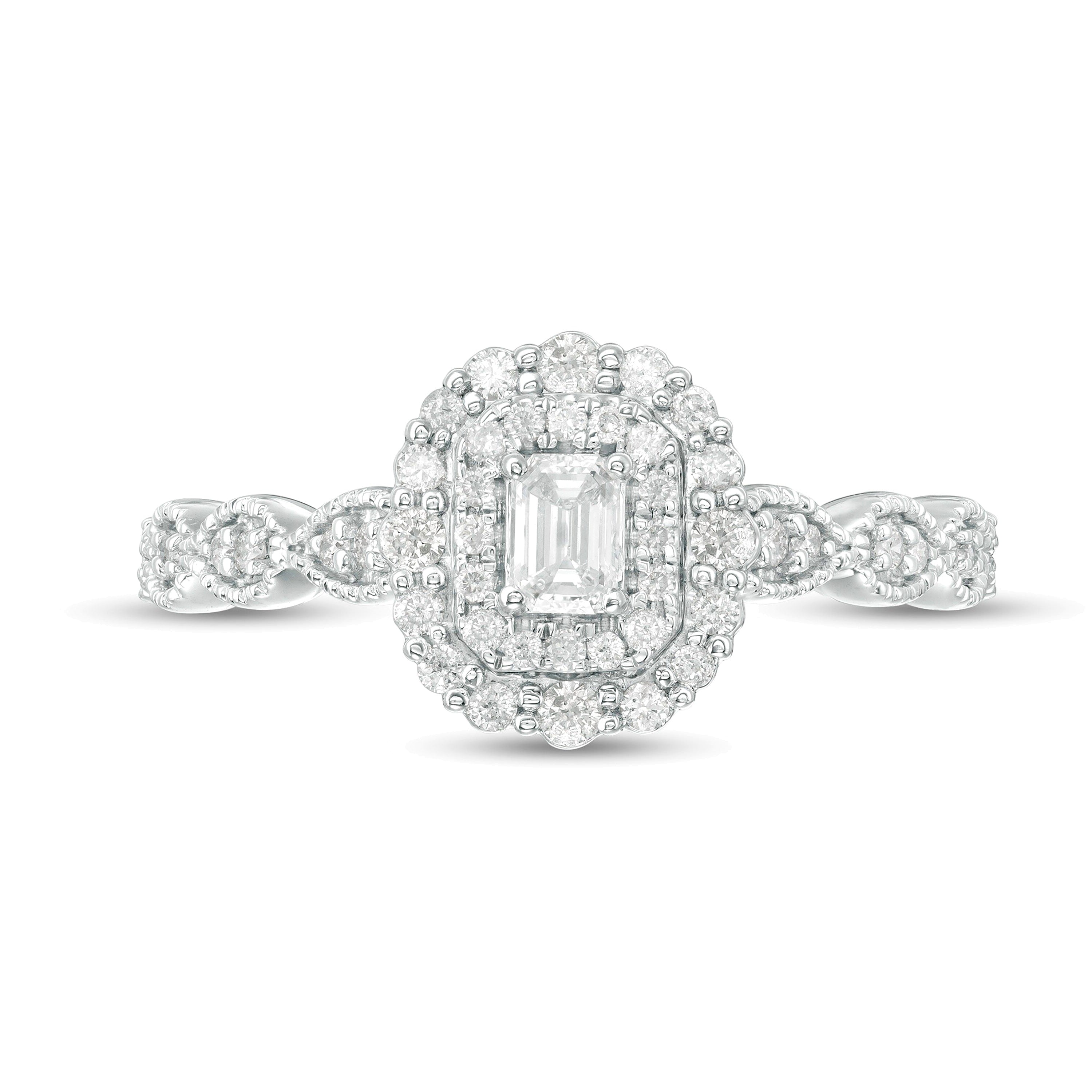 0,38 ct. Gesamtgewicht Verlobungsring im Art-déco-Vintage-Stil mit Diamanten im Smaragdschliff und doppeltem Rahmen in 10K Weißgold