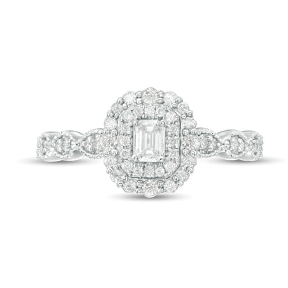 0,38 ct. Gesamtgewicht Verlobungsring im Art-déco-Vintage-Stil mit Diamanten im Smaragdschliff und doppeltem Rahmen in 10K Weißgold