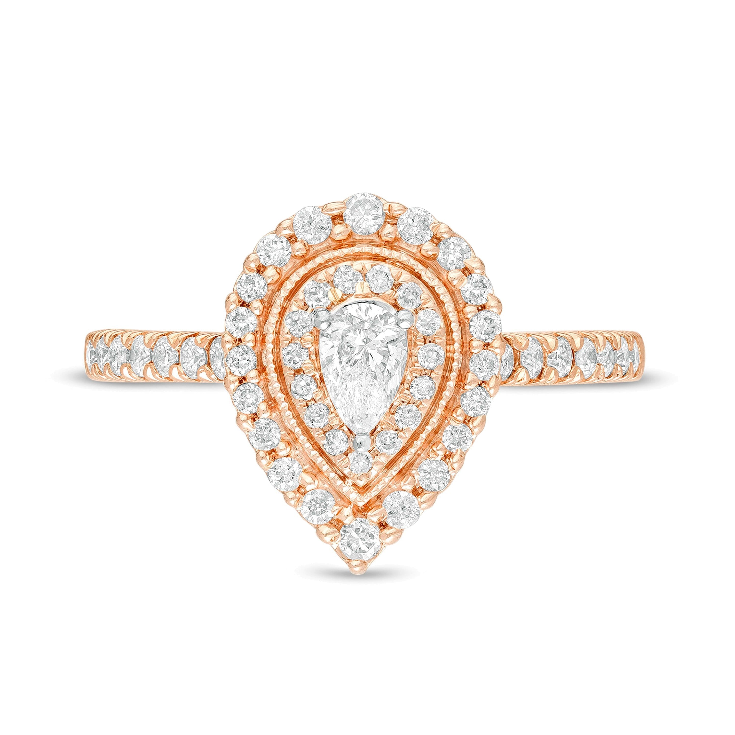 0,63 ct. Gesamtgewicht Halo-Verlobungsring mit tropfenförmigem und rundem weißem Diamant im Vintage-Stil in 10K Roségold