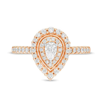 0,63 ct. Gesamtgewicht Halo-Verlobungsring mit tropfenförmigem und rundem weißem Diamant im Vintage-Stil in 10K Roségold