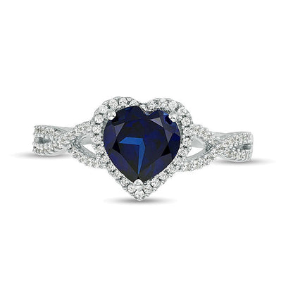 7,0mm herzförmiger im Labor gezüchteter blauer Saphir und 0,2 ct. Gesamtgewicht Diamant Fashion-Ring in 10K Weißgold