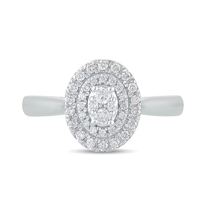 0,33 ct. Gesamtgewicht Komposit Verlobungsring mit ovalem Diamanten und doppeltem Rahmen in 10K Weißgold