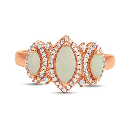 Dreistein-Ring mit Labor-Opal im Marquise-Schliff und 0.2 ct. Gesamtgewicht Diamanten in 10K Gelbgold