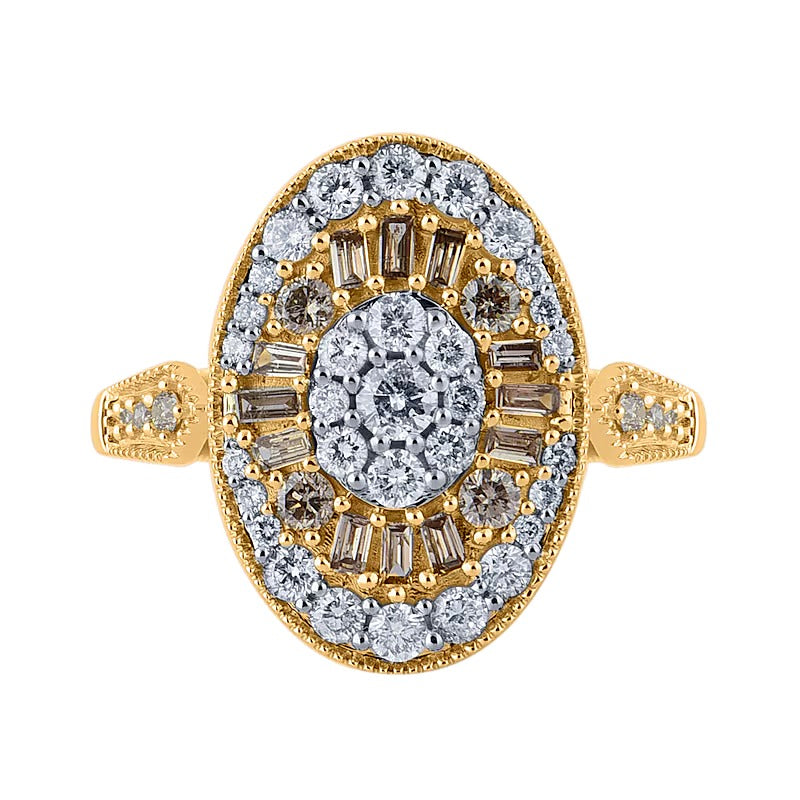 1.0 ct. Gesamtgewicht Multi-Diamant-Ring in Champagner und Weiß, oval, im Vintage-Stil aus 10K Gelbgold