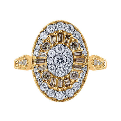 1.0 ct. Gesamtgewicht Multi-Diamant-Ring in Champagner und Weiß, oval, im Vintage-Stil aus 10K Gelbgold