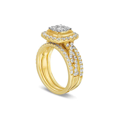 1.63 CT. Gesamtgewicht Braut-Set im Kissenschliff mit mehreren Diamanten und gedrehter Ringschiene, dreiteilig, aus 10K Gelbgold