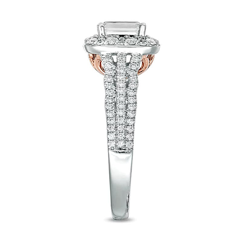 Halo-Verlobungsring mit Diamant im Smaragdschliff 1.0 ct. Gesamtgewicht in 14K Gold Bicolor
