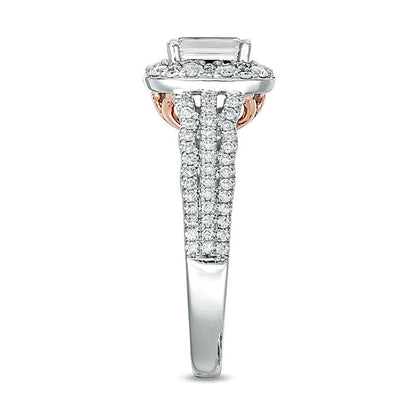 Halo-Verlobungsring mit Diamant im Smaragdschliff 1.0 ct. Gesamtgewicht in 14K Gold Bicolor