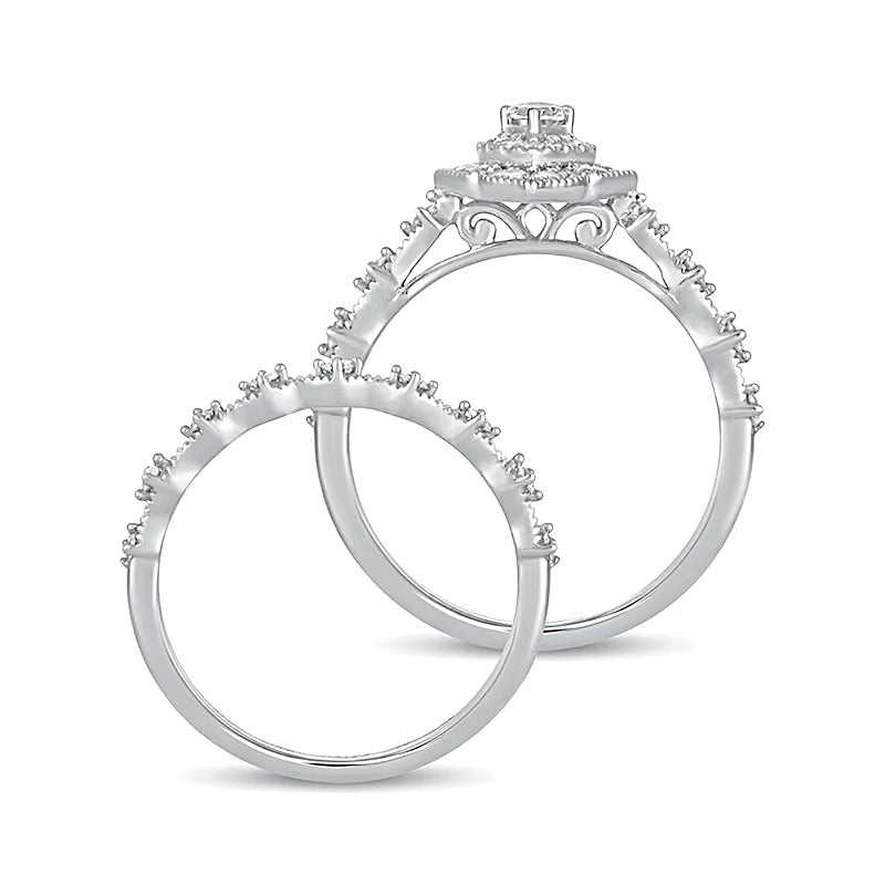0,63 ct. Gesamtgewicht Brautset mit tropfenförmigem Diamant im Vintage-Stil mit doppeltem Rahmen in 10K Weißgold