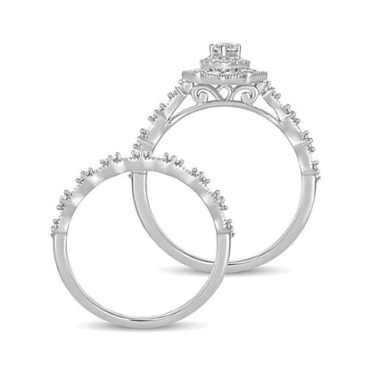 0,63 ct. Gesamtgewicht Brautset mit tropfenförmigem Diamant im Vintage-Stil mit doppeltem Rahmen in 10K Weißgold