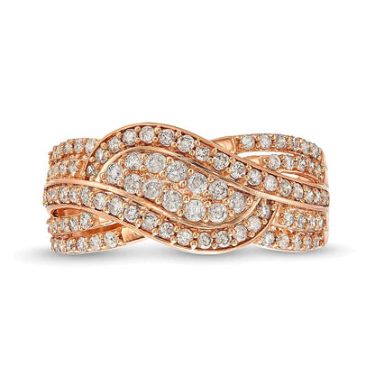 0.75 CT. Gesamtgewicht Diamant Ring mit doppelter Reihe im Wellen-Bypass-Design in 10K Roségold