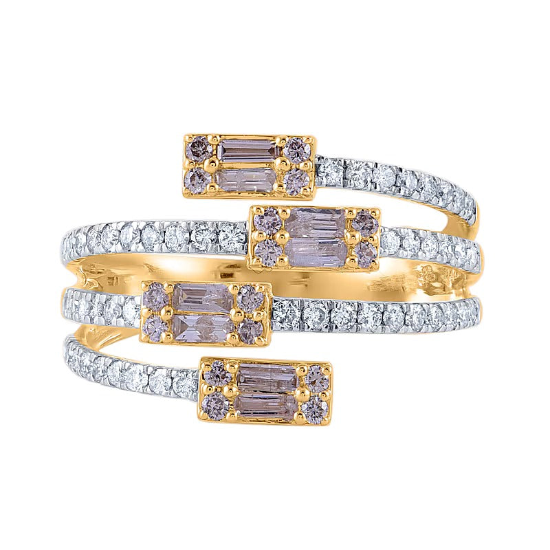 Fashion-Ring mit champagnerfarbenen und weißen Diamanten im rund- und Baguette-Schliff, mehrreihig, offene Schiene, 1.0 ct. Gesamtgewicht, 10K Gelbgold