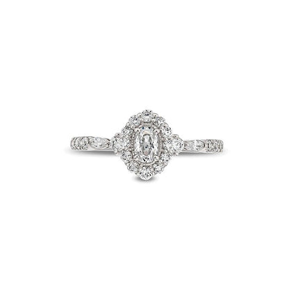 0.75 ct. Gesamtgewicht Verlobungsring im Vintage-Stil mit Halo und ovalem Diamant in 14K Weißgold