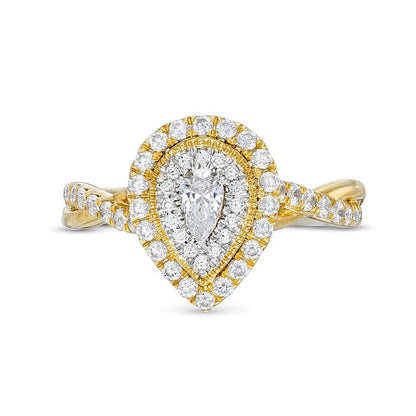 0.75 CT. Gesamtgewicht Verlobungsring mit tropfenförmigem Diamant und doppeltem Halo sowie gedrehter Ringschiene in 10K Gelbgold