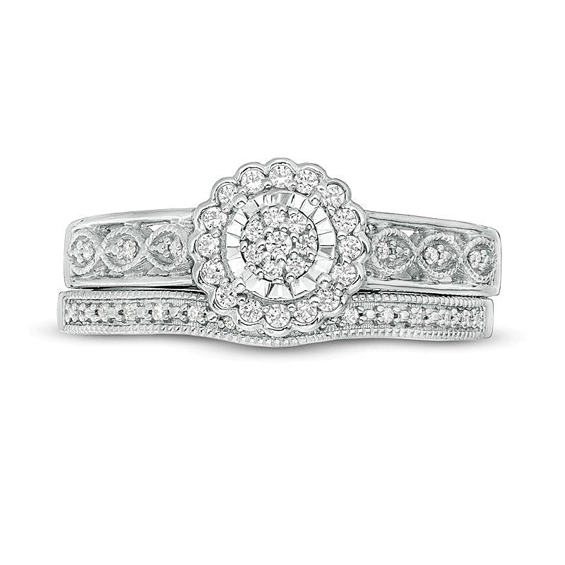0.2 ct. Gesamtgewicht Komposit-Diamant Braut-Set im Vintage-Stil mit Blütenrahmen aus rhodiniertem Sterlingsilber