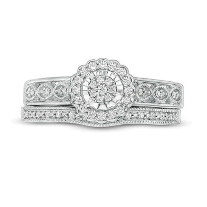 0.2 ct. Gesamtgewicht Komposit-Diamant Braut-Set im Vintage-Stil mit Blütenrahmen aus rhodiniertem Sterlingsilber