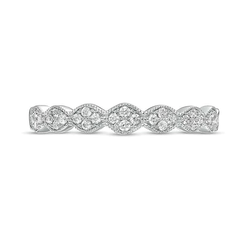 0.17 ct. Gesamtgewicht Memoire-Ring stapelbar mit Diamanten und Muschelrand in 10K Weißgold