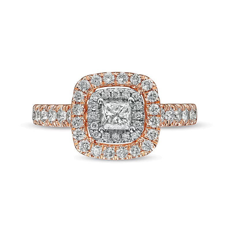 Halo-Verlobungsring 1.0 CT. TW mit Diamanten im Princess- und Rundschliff in 14K Roségold (I/I2)