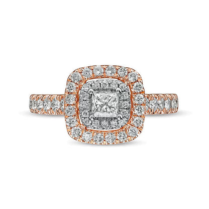 Halo-Verlobungsring 1.0 CT. TW mit Diamanten im Princess- und Rundschliff in 14K Roségold (I/I2)