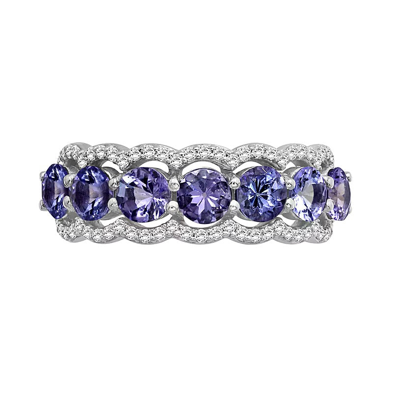 4,0mm Tansanit und weißer synthetischer Zirkon Sieben-Stein-Ring mit Wellenrand aus rhodiniertem Sterlingsilber