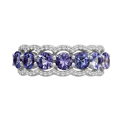 4,0mm Tansanit und weißer synthetischer Zirkon Sieben-Stein-Ring mit Wellenrand aus rhodiniertem Sterlingsilber