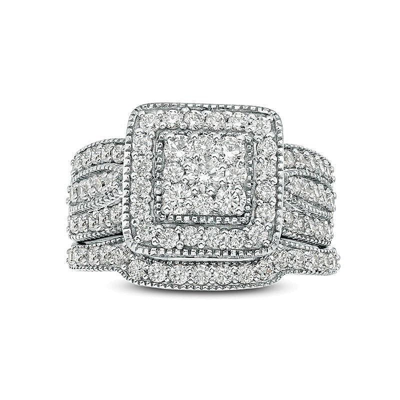 1.25 ct. Gesamtgewicht Multi-Diamant Brautset mit quadratischem Rahmen im Vintage-Stil, mehrreihig, in 10K Weißgold
