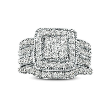1.25 ct. Gesamtgewicht Multi-Diamant Brautset mit quadratischem Rahmen im Vintage-Stil, mehrreihig, in 10K Weißgold