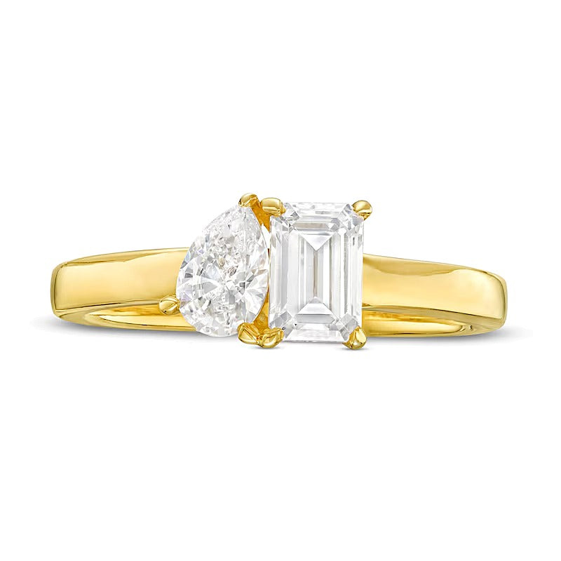 1.0 ct. Gesamtgewicht Diamant-Ring Toi et Moi im Tropfen- und Smaragdschliff in 14K Gelbgold