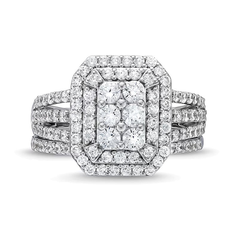 Braut-Set mit 1,25 ct. Gesamtgewicht Smaragd und mehreren Diamanten im Art-déco-Stil mit geteiltem Ringschienen-Design in 10K Weißgold