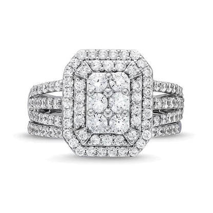 Braut-Set mit 1,25 ct. Gesamtgewicht Smaragd und mehreren Diamanten im Art-déco-Stil mit geteiltem Ringschienen-Design in 10K Weißgold