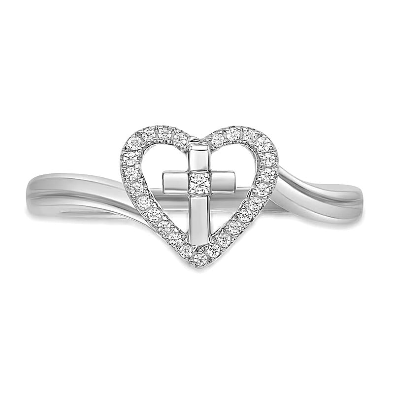0.07 ct. Gesamtgewicht Diamant Herz-Ring mit Kreuz-Bypass aus rhodiniertem Sterlingsilber