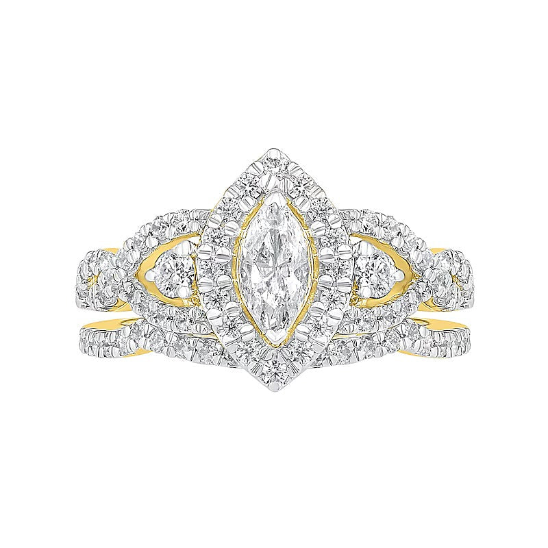 1.5 ct. Gesamtgewicht Brautset mit Diamanten im Marquise- und Rundschliff in 10K Gelbgold
