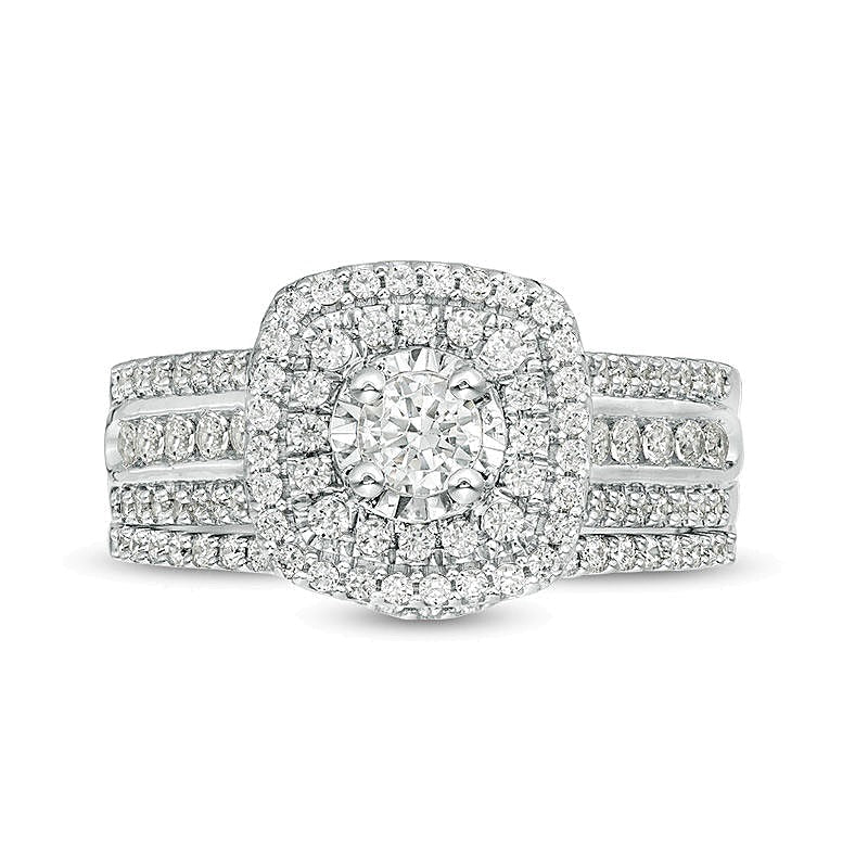 Brautset mit Diamanten 1.0 ct. Gesamtgewicht, rund & Kissenschliff, mehrreihig mit doppeltem Kissenschliff-Rahmen in 10K Weißgold