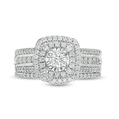 Brautset mit Diamanten 1.0 ct. Gesamtgewicht, rund & Kissenschliff, mehrreihig mit doppeltem Kissenschliff-Rahmen in 10K Weißgold