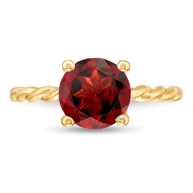 8,0 mm Granat Solitär Ring mit gedrehter Ringschiene in 10K Gelbgold