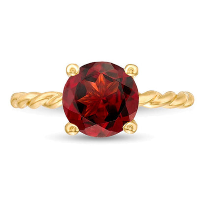 8,0 mm Granat Solitär Ring mit gedrehter Ringschiene in 10K Gelbgold