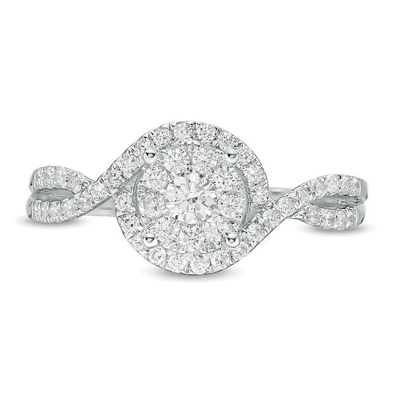 0,5 ct. Gesamtgewicht Diamant Halo Bypass Verlobungsring in 10K Weißgold