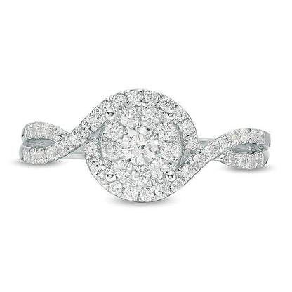 0,5 ct. Gesamtgewicht Diamant Halo Bypass Verlobungsring in 10K Weißgold