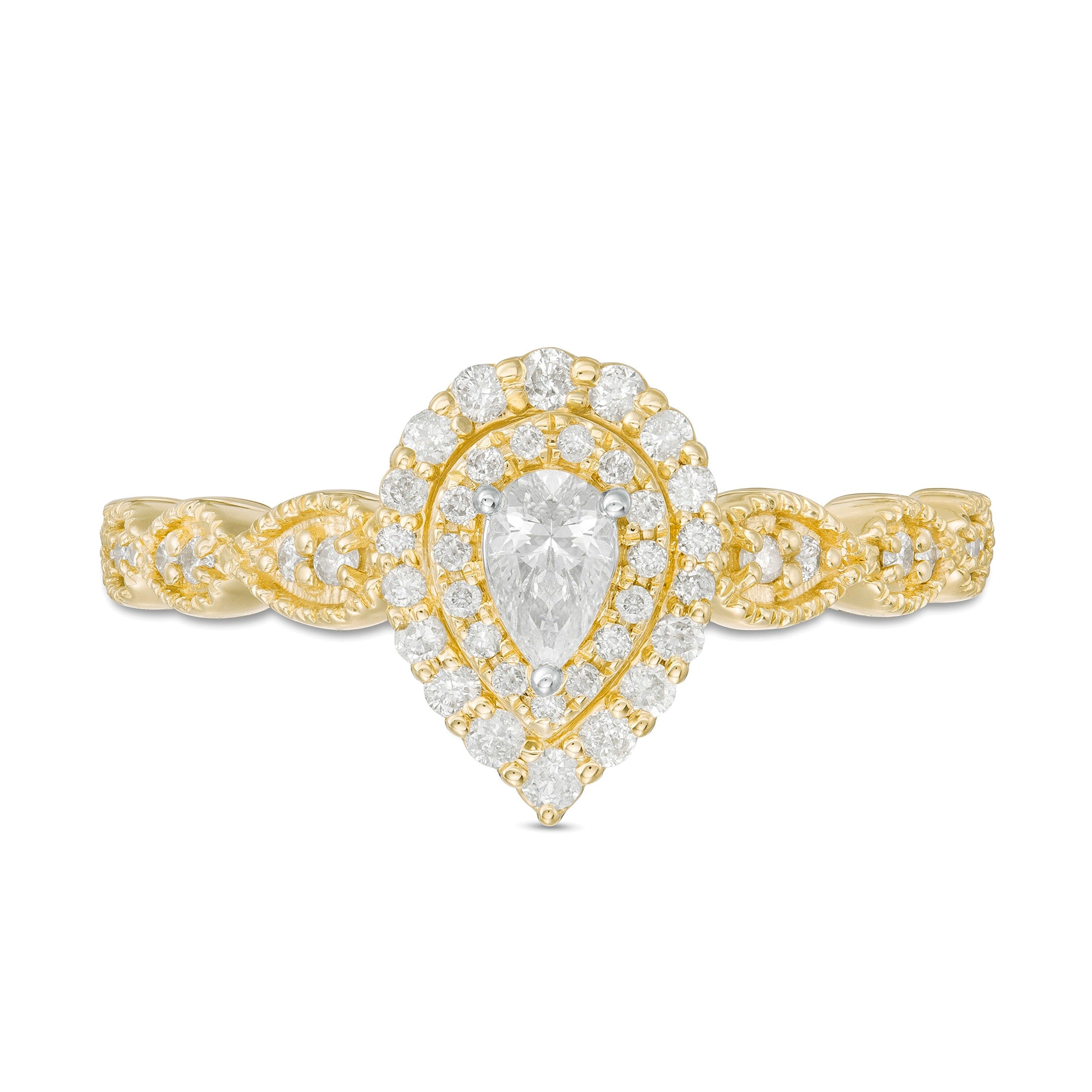0,38 ct. Gesamtgewicht Verlobungsring mit tropfenförmigem Diamant im Halo-Design im Art-déco-Vintage-Stil in 10K Gelbgold