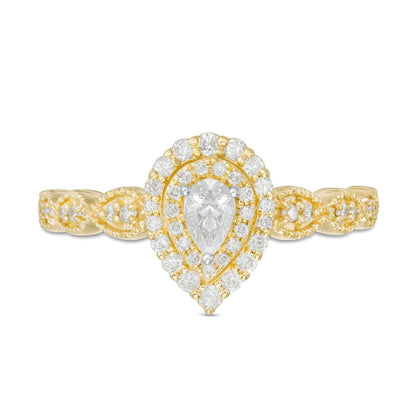 0,38 ct. Gesamtgewicht Verlobungsring mit tropfenförmigem Diamant im Halo-Design im Art-déco-Vintage-Stil in 10K Gelbgold